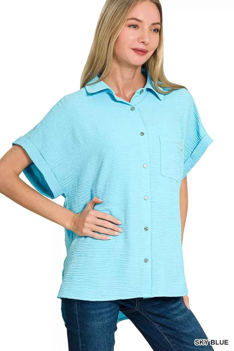 Zenana Women Shirt Woven Airflow Sky Blue Short Sleeve Top 77a6ec2f9185433f8964c0ca9bbf84f9-Max-Origin Trendsi
