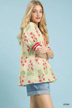 Umgee Womens Blouse Ecru Floral V-Neck Puff Short Sleeve Top 77a96e69-0697-48da-97a4-39a1ef93a076-Max-Origin Trendsi