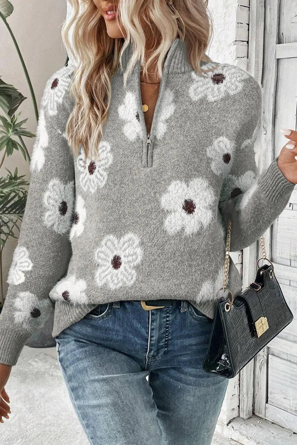 Sweater Flower Turtleneck Half Zip Long Sleeve Knitwear Gray 77a9a277-5fc0-46ba-bcb8-df6c29cb44bb-Max Trendsi