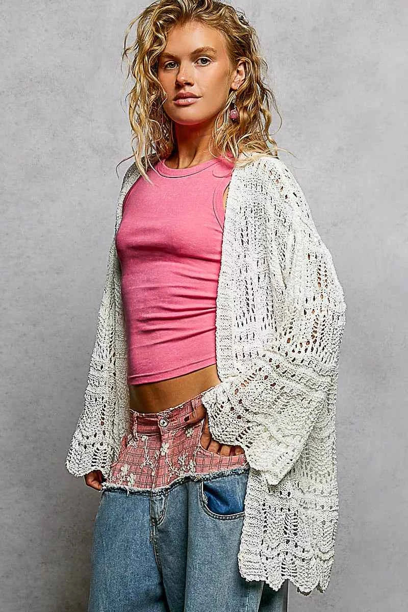 POL Openwork Lightweight Open Front Cardigan with Scalloped Edge