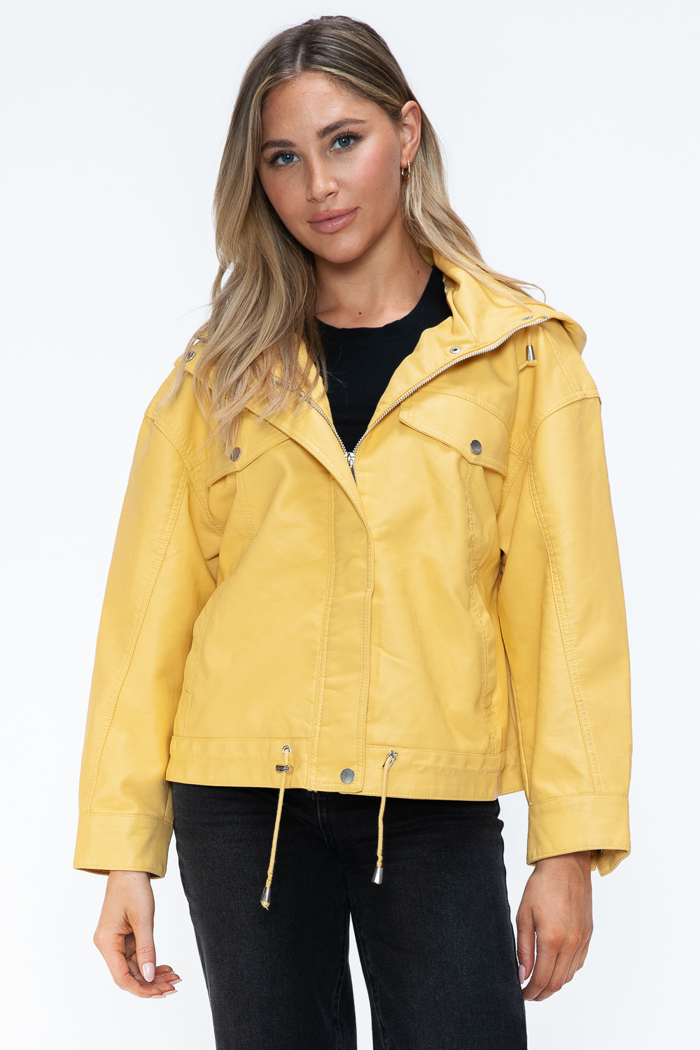 How Dare U Women PU Leather Jacket Drawstring Hem Zip Up Jacket Yellow Pale Yellow