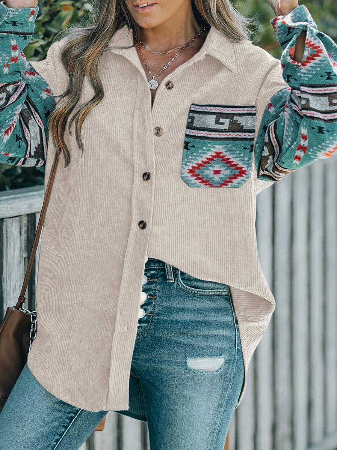 Shacket Corduroy Perfee Pocketed Geometric Collared Neck Outwear 77b7ced9-4f03-4691-8ed5-16439cbe2581-Max Trendsi