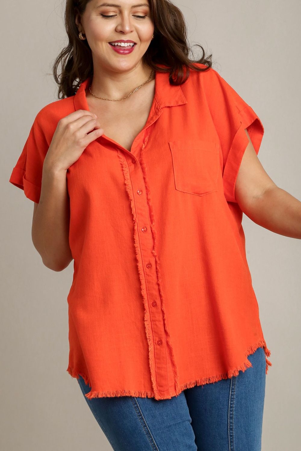 Umgee Shirt Linen Blend Orange Raw Hem Short Folded Sleeve 77b7e841-598d-42fe-9322-a1409ca46c0d-Max Trendsi