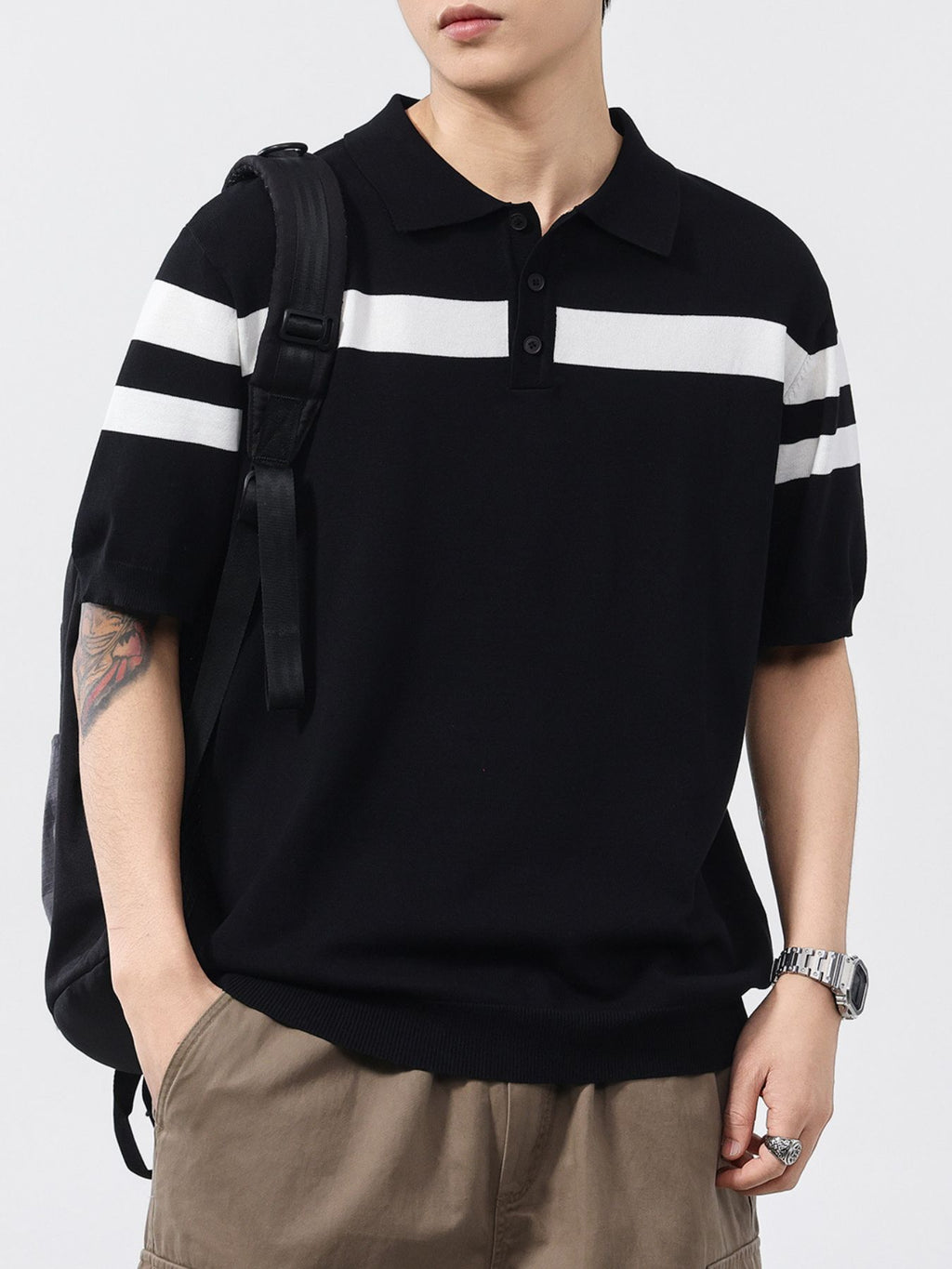 Men's Plus Size Striped Short Sleeve Knit Polo Shirt