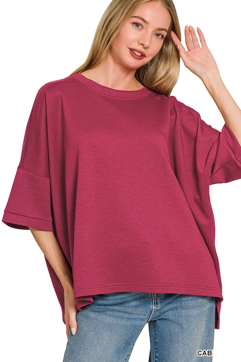 Zenana Plus Size Full Length Scuba Fabric Round Neck Top with Side Slits