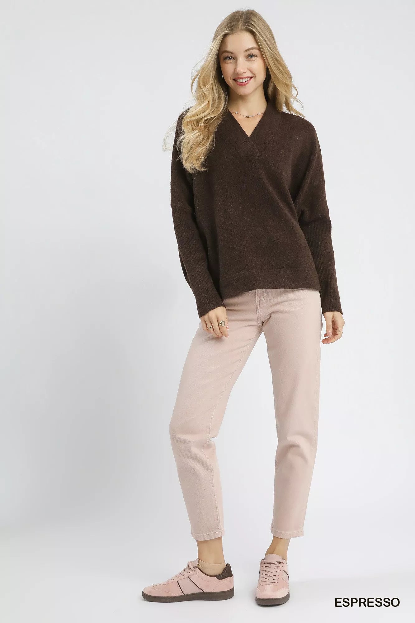 Umgee Sweater Brown V-Neck with Wide Trim Detail Ribbed Pullover