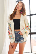 ADORA Women's Cardigan Floral Contrast Crochet Open Front Ivory Long Sleeve 77c157e4-5c91-49db-81c1-22bd6be33eef-Max Trendsi
