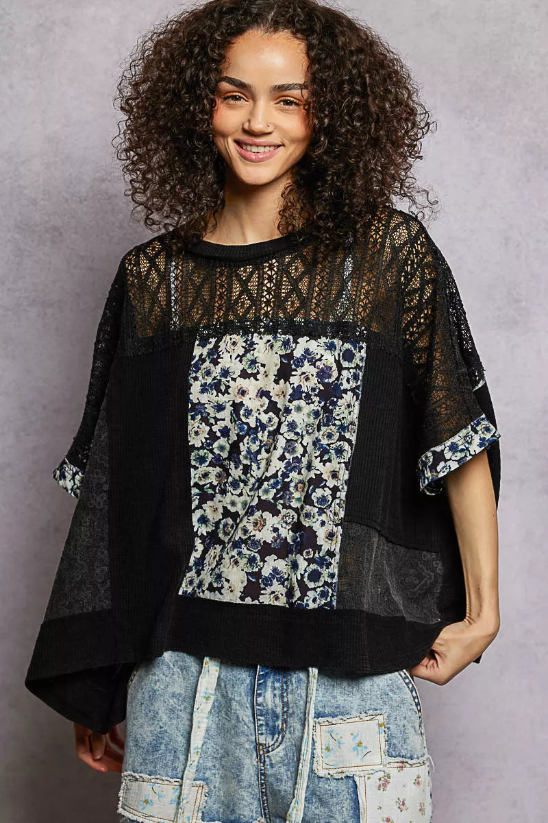 POL Blouse Black Floral Patchwork Lace Accent Short Sleeve Top BLACK 77c23b7c-15da-48b6-93c7-1ba73d2acf0f-Max-Origin Trendsi