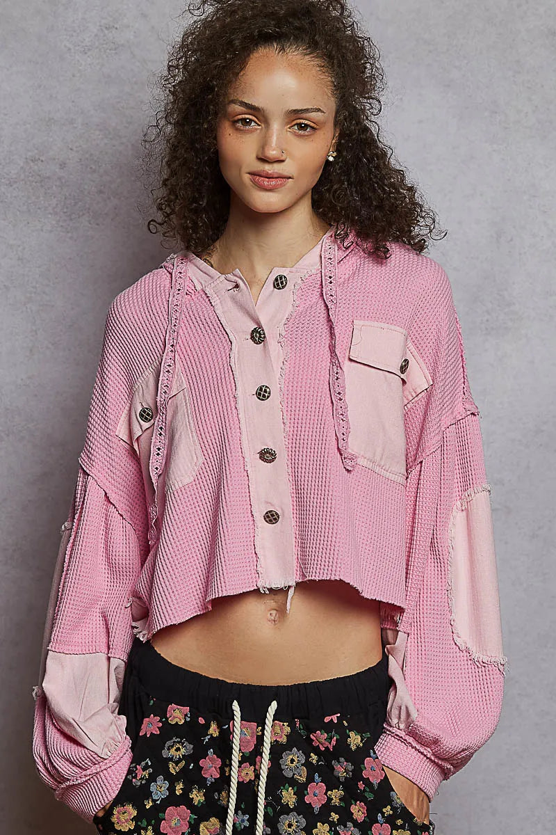 POL Cropped Hooded Jacket Fuchsia Pink Raw Hem Exposed seam Pocketed Fuchsia Pink 77c2a037-5764-4d32-8456-aee0d87ff88a-Max-Origin Trendsi