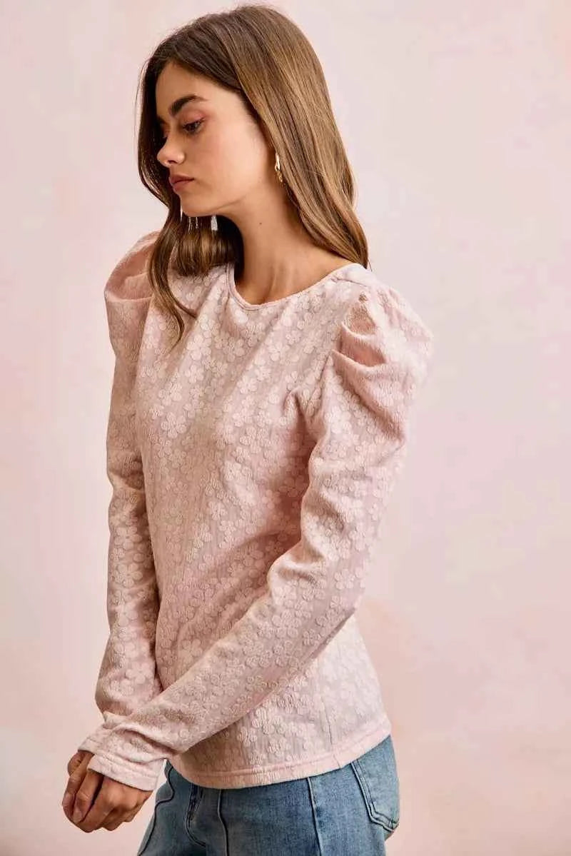 BiBi Women Blouse Textured Flower Knit Blush Pink Puff Shoulder Top Long Sleeve 77ccbbcc42f744bba02d85c0f75c5e11-Max-Origin Trendsi