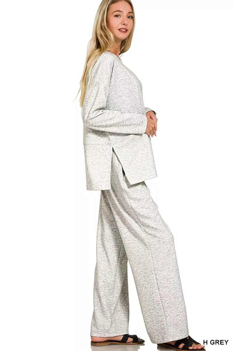 Zenana Womens Outfit Set Light Gray Scuba Side Slit Long Sleeve Top and Pants 77cec442428e4901a36a69fd030cd5fa-Max-Origin Trendsi