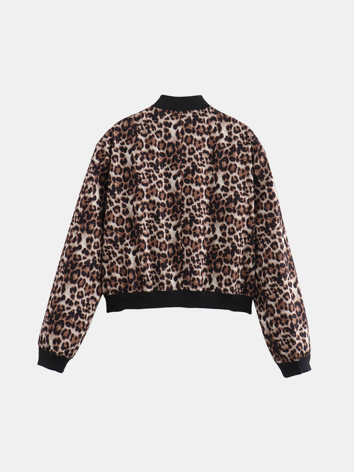 Leopard Cropped Women Jacket Baseball Collar Pocketed Snap Long Sleeve