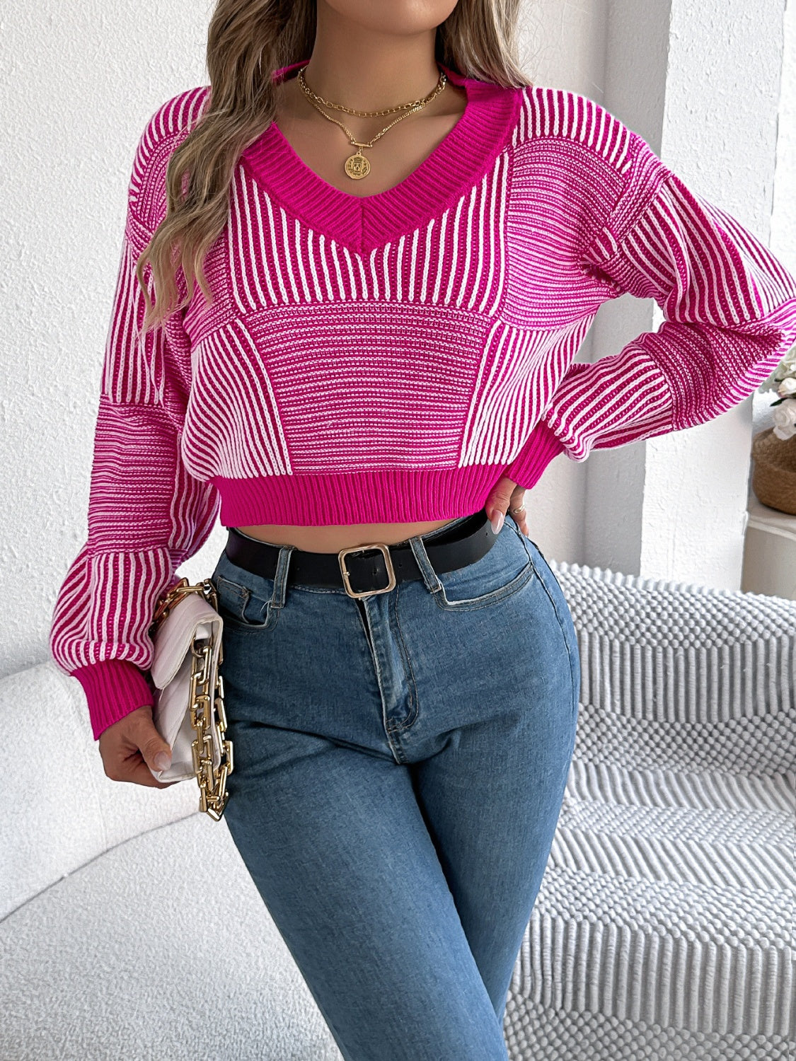 Striped Cropped Women Sweater V-Neck Long Sleeve Soft Knit Pullover