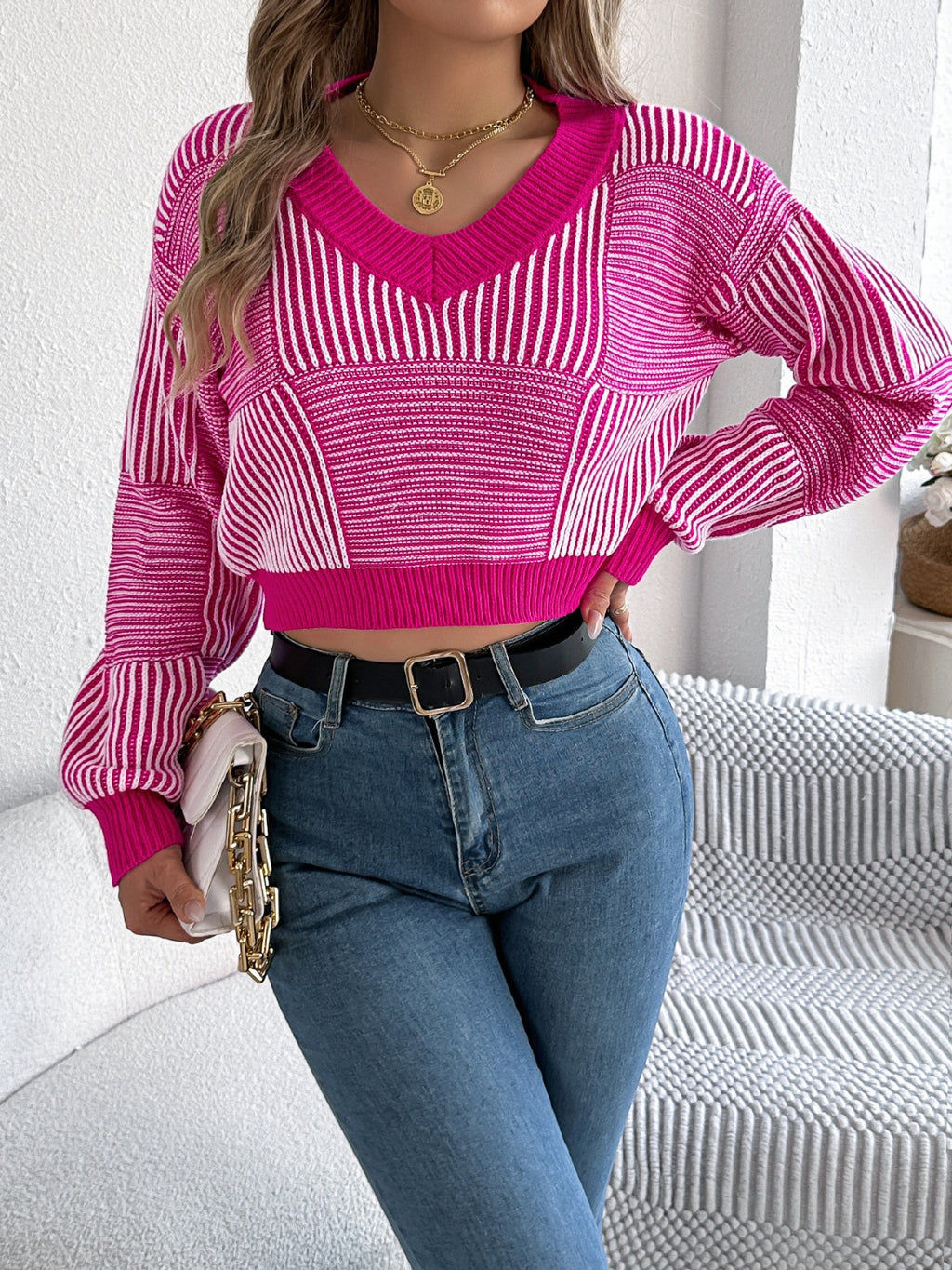 Striped Cropped Women Sweater V-Neck Long Sleeve Soft Knit Pullover 77d85961-710b-4061-a41c-037f7842c975-Max Trendsi