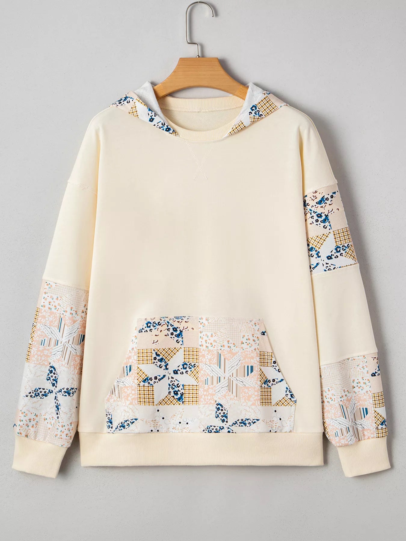 Women's Hoodie Cream Geo Pattern Patchwork with Kangaroo Pocket 77d8eaffd933498c949bcf5bc075ccd9-Max-Origin Trendsi