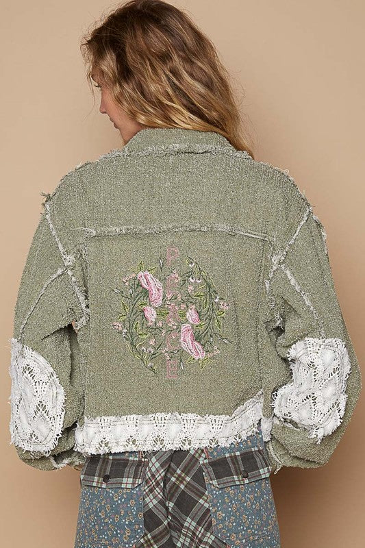 POL Jacket Crochet Lace Patch Embroidered 100% cotton Long Sleeve Pocketed