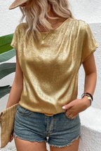 Women's Blouse Metallic Gold Short Sleeve Casual Top Gold 77f39627-09fd-4492-bf71-55e33477c26f-Max-Origin Trendsi