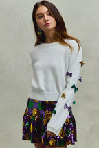 SO ME Sweater Knit Top Mardi Gras Glitter Bow Ribbon Ivory 77fc006014fb4eed969c080d9506b5b1-Max-Origin Trendsi