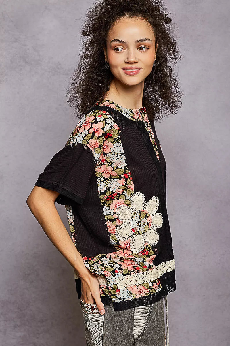 POL Womens T-shirt Black Floral Lace Short Sleeve Top with Patch Detail 77fdd8cc-4a55-4fb5-89bc-ebc20a916388-Max-Origin Trendsi