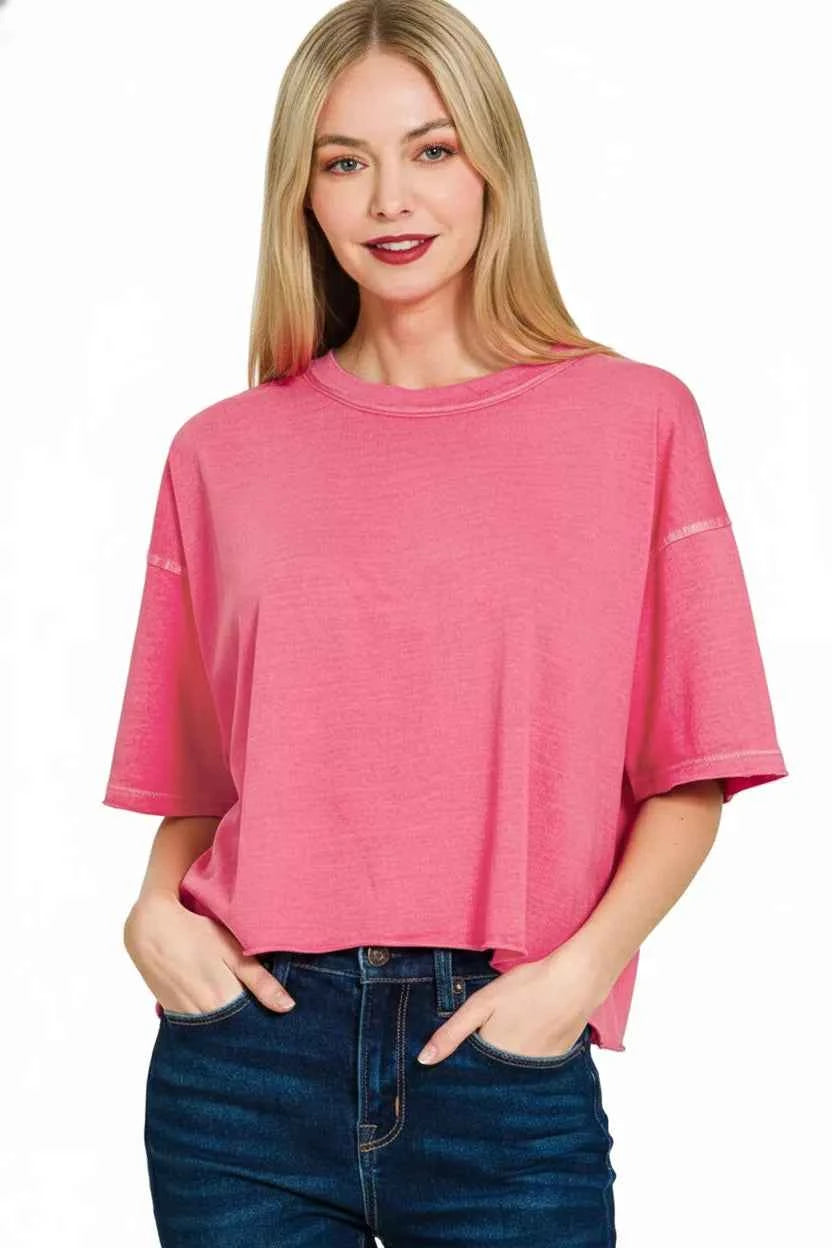 Zenana Pigment Dye & Enzyme Washed Oversized Crop Box Tee