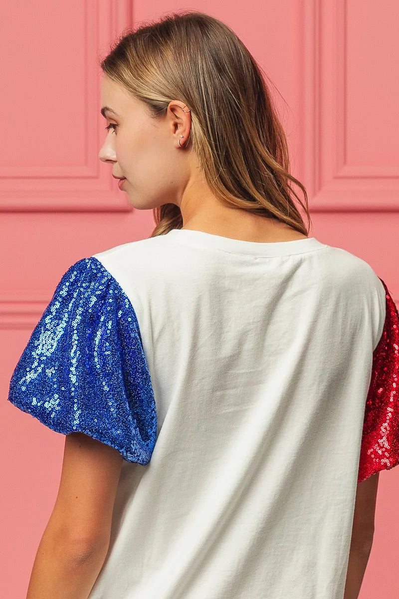 BiBi Cotton T-shirt Sequin American Flag Bow Top Short Puff Sleeve 780338c2b13640b78951ad047a5d9970-Max-Origin Trendsi
