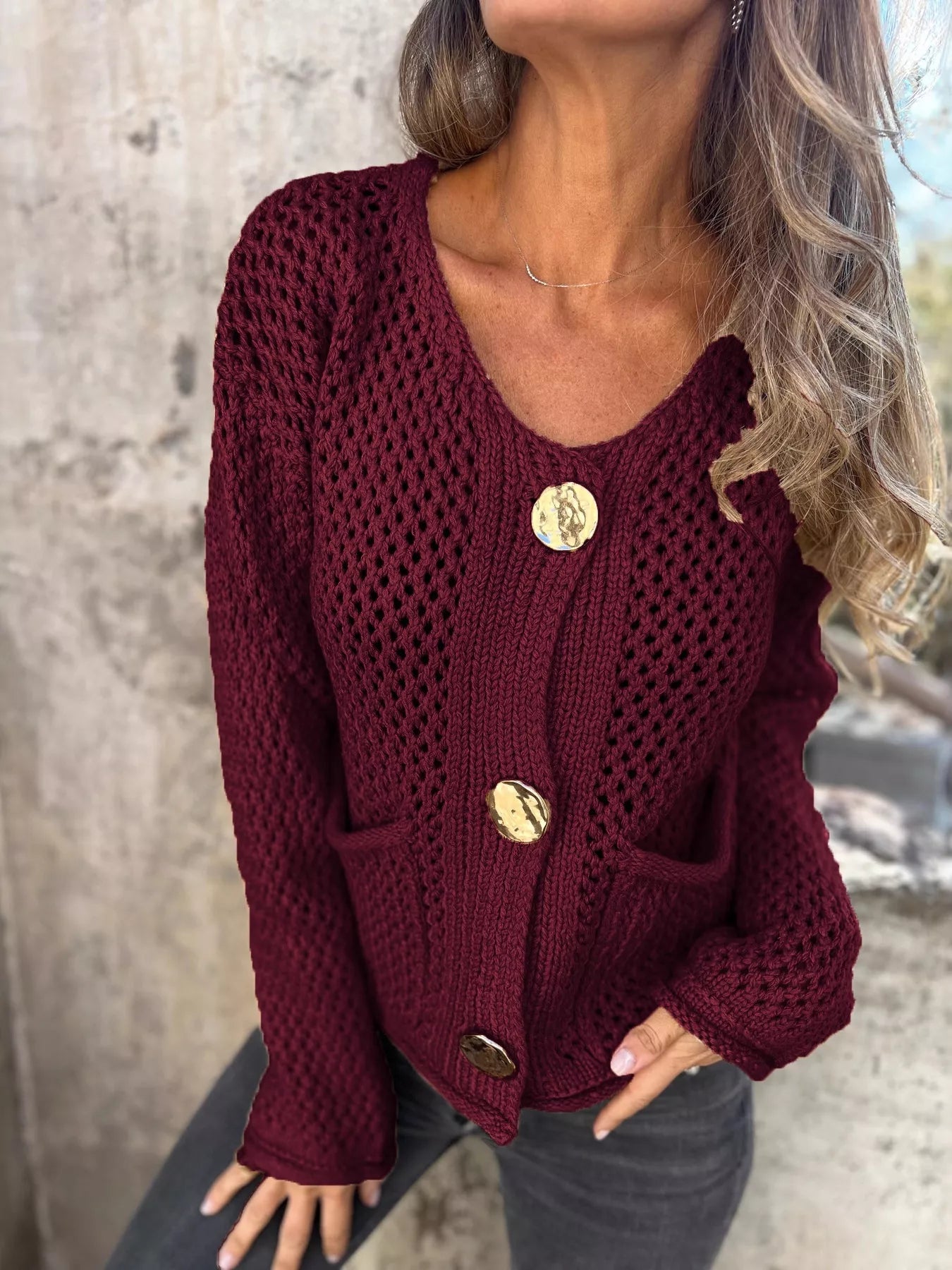 Women's Cardigan Crochet Knit Button Up Long Sleeve Deep Red 7805371177f74bb0a670a5c4ea5000c4-Max-Origin Trendsi