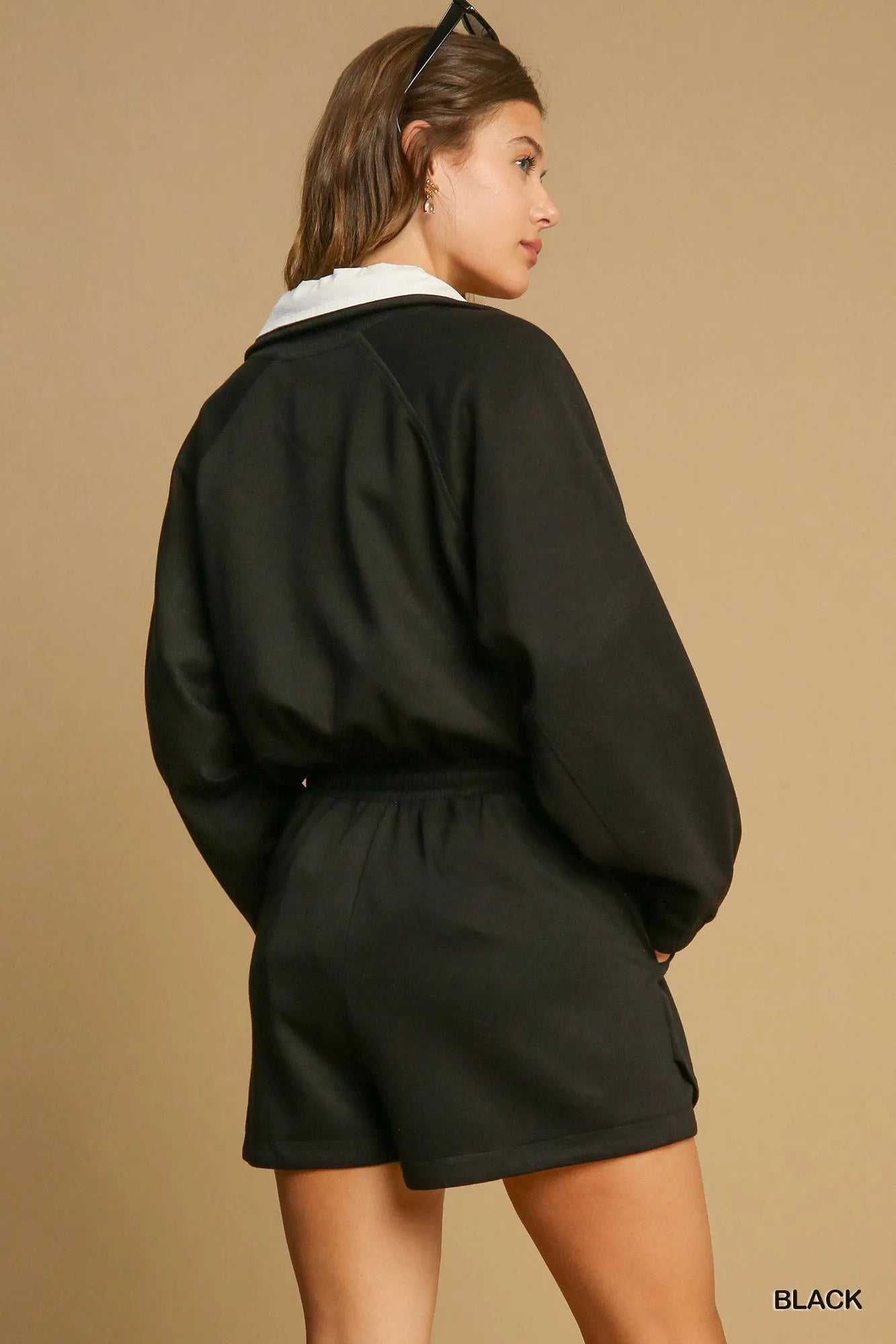 Umgee Black Romper Half Zip with Drawstring Waist Pocketed 780a1047-0117-4022-8af9-892134904e28-Max-Origin Trendsi