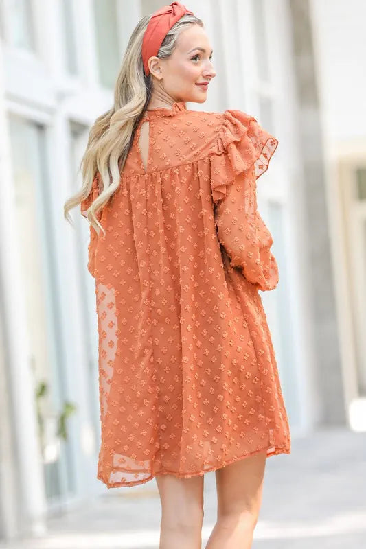 And The Why Mini Dress Swiss Dot Camel Lovely Ruffle Shoulder with Textured 780a91b15fe4450b9d1af428707d8261-Max-Origin Trendsi