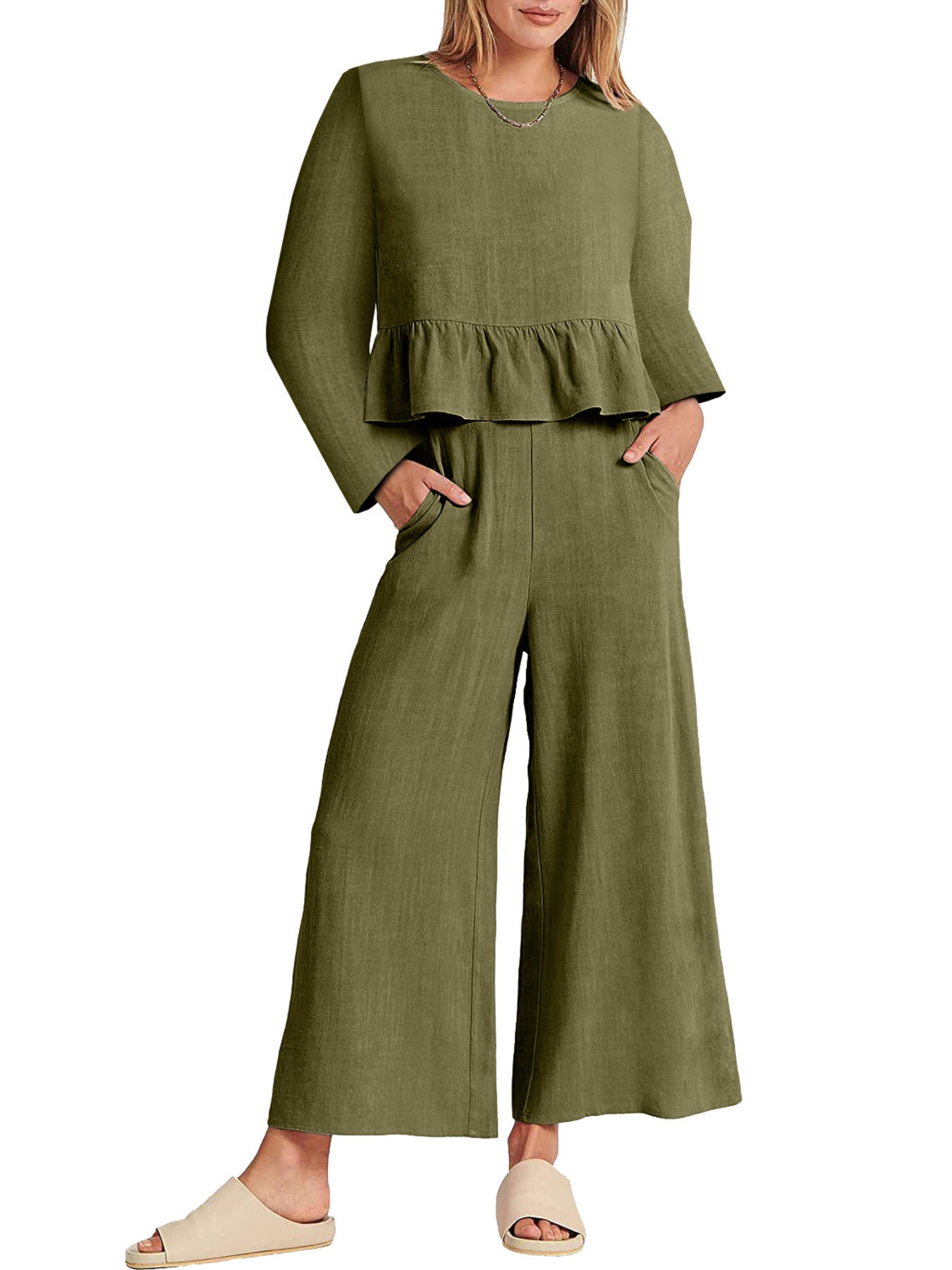 Plus Size Full-Length Ruffled Hem Two-Piece Set with Long Sleeve Top and Pants
