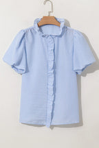 Women's Shirt Striped Ruffle Short Bubble Sleeve Mock Neck 781681a0-632e-48ec-a369-5432ffb913f4-Max-Origin Trendsi
