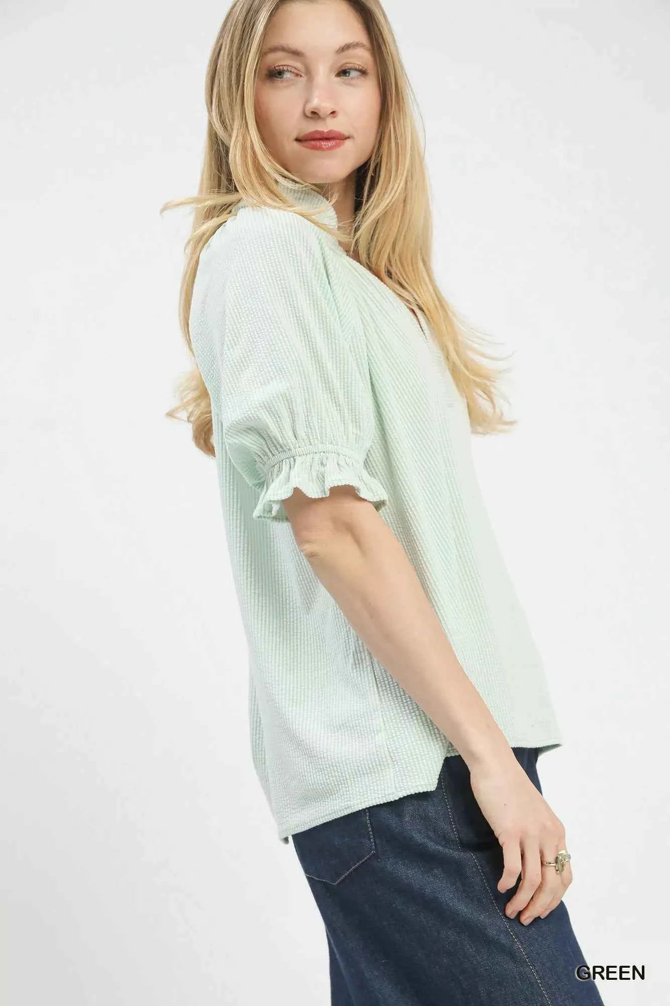 Umgee Blouse Textured Light Green Ruffle Short Sleeve V-Neck Top 7818e731-1f63-4fa8-86ee-b40afb4d337b-Max-Origin Trendsi