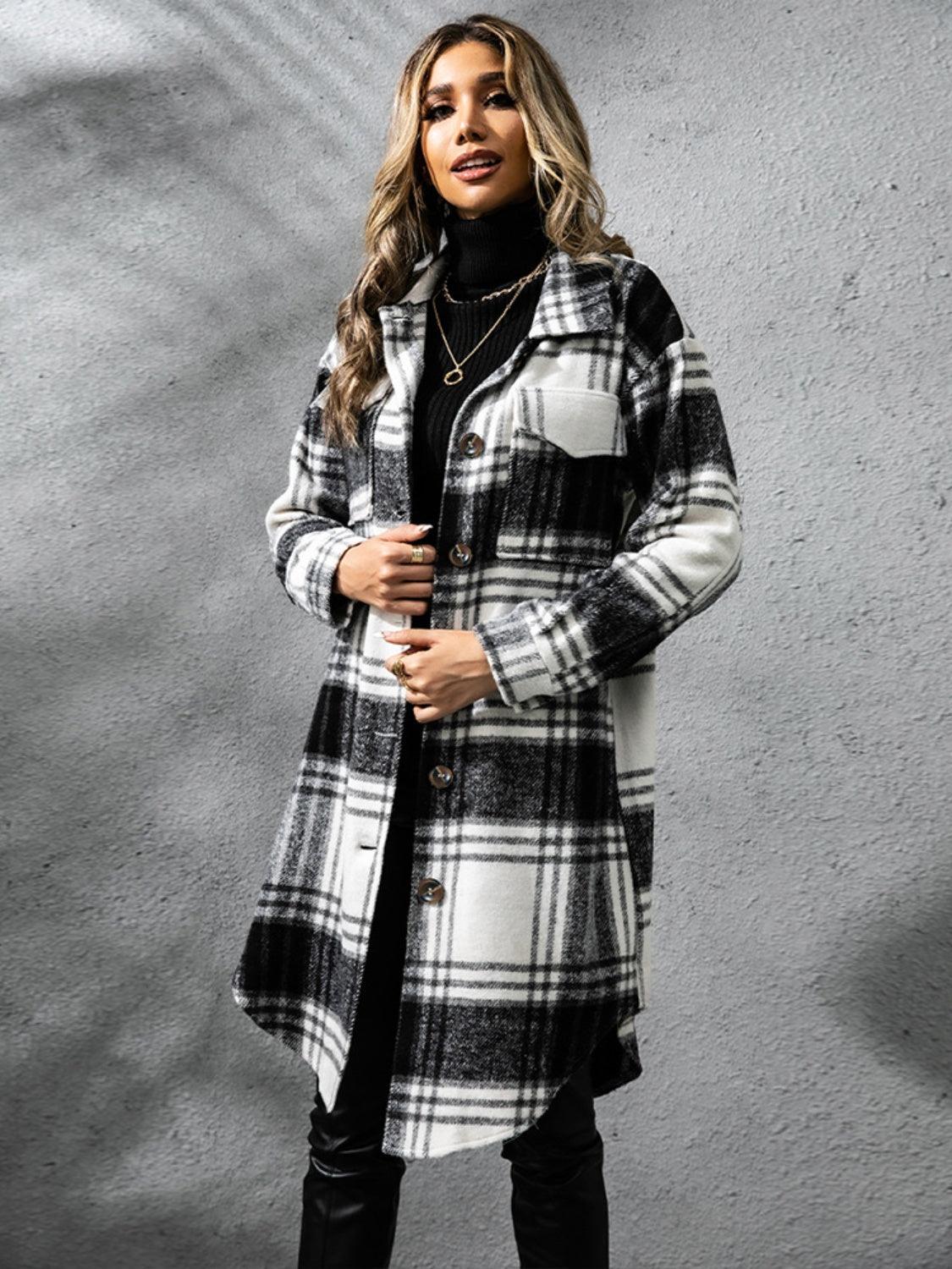 Plaid Coat Collared Neck Long Sleeve Pocketed Outwear 781a3e83-fa44-44fd-8931-1b9dcadd5b19-Max Trendsi