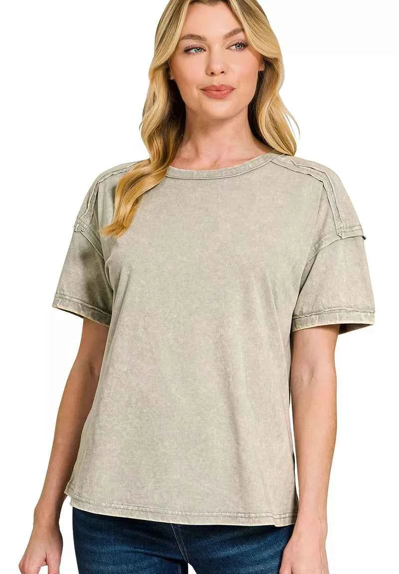 Zenana Acid Washed Round Neck T-Shirts