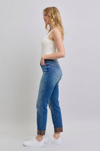Judy Blue Women Jeans Plaid Print Cuff Straight Leg Blue Pants with Pockets 7821d750-41f8-4944-8031-7b801ec5919c-Max Trendsi