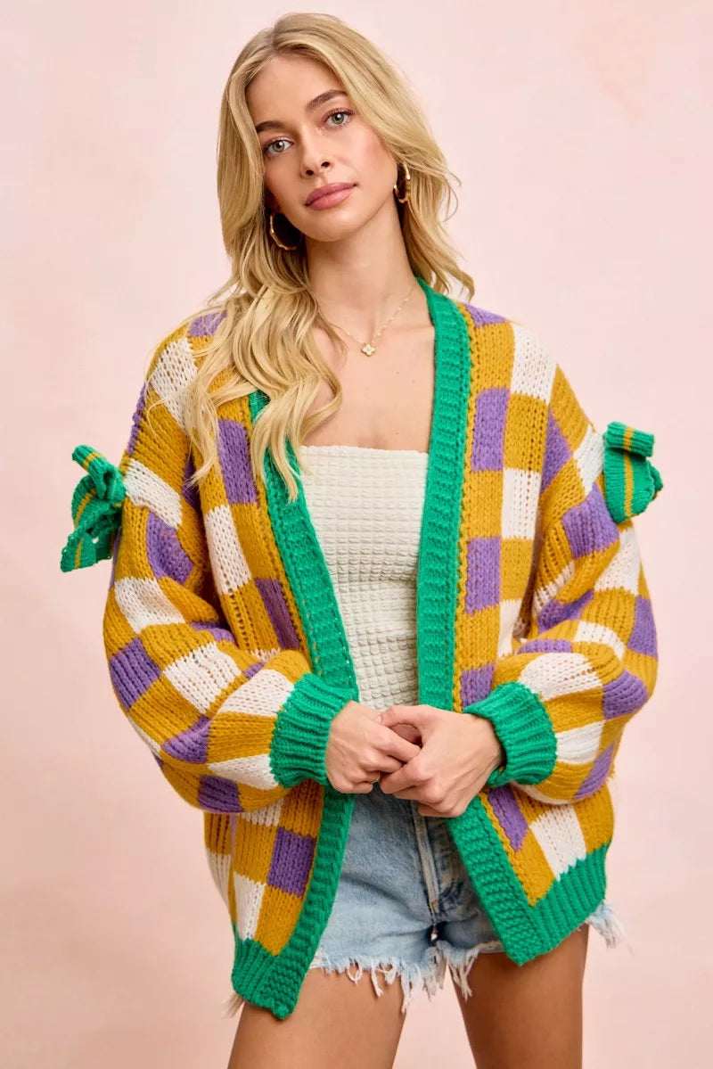 BiBi Women Cardigan Mardigras Checker Board Front Open Bow Sleeves MARDI GRAS MUSTARD 7823045a5fdb4fbc9be0483c089c6955-Max-Origin Trendsi