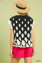 Umgee Blouse Black Hexagon Print Peplum Top Ruffled Short Sleeve 78238aed-07b6-4802-8a5e-0186f6d5a6ab-Max-Origin Trendsi