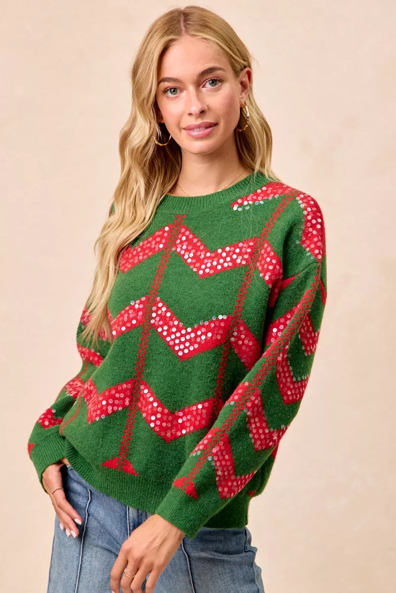 BiBi Sweater Christmas Theme Chevron Sequins Womens Green Red Pullover 7833ae194e4246df9c36eee66ebf4707-Max-Origin Trendsi