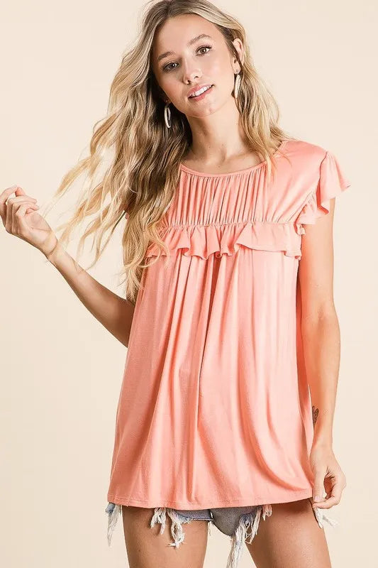 BiBi Jersey Top Ruffle Knit Gathered Coral Flaired Short Sleeve Blouse 78367f85204947aab50a4f2911c0f4cb-Max-Origin Trendsi