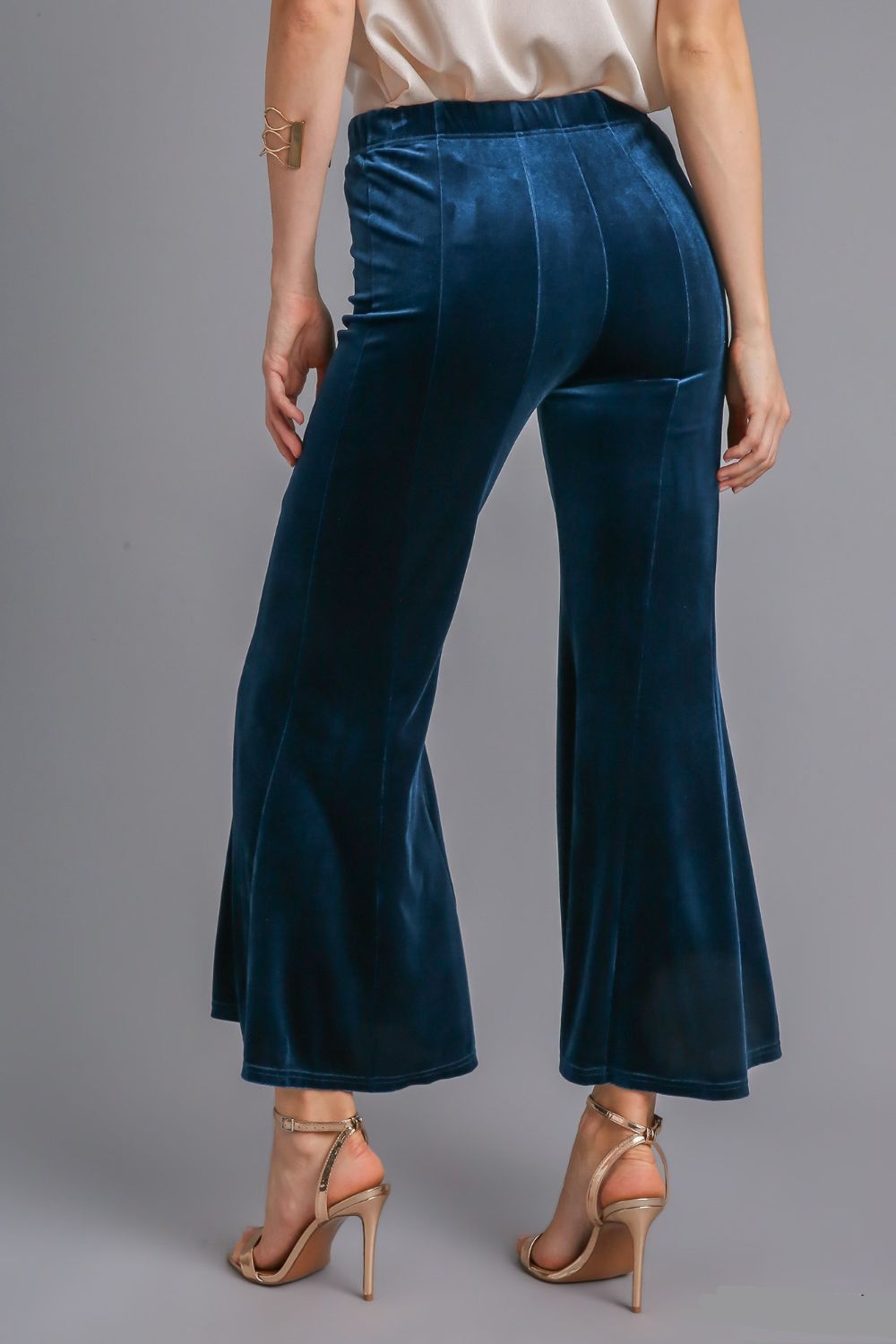 Umgee Flare Pants Velvet Peacock Blue High Rise Elastic Waist Cropped