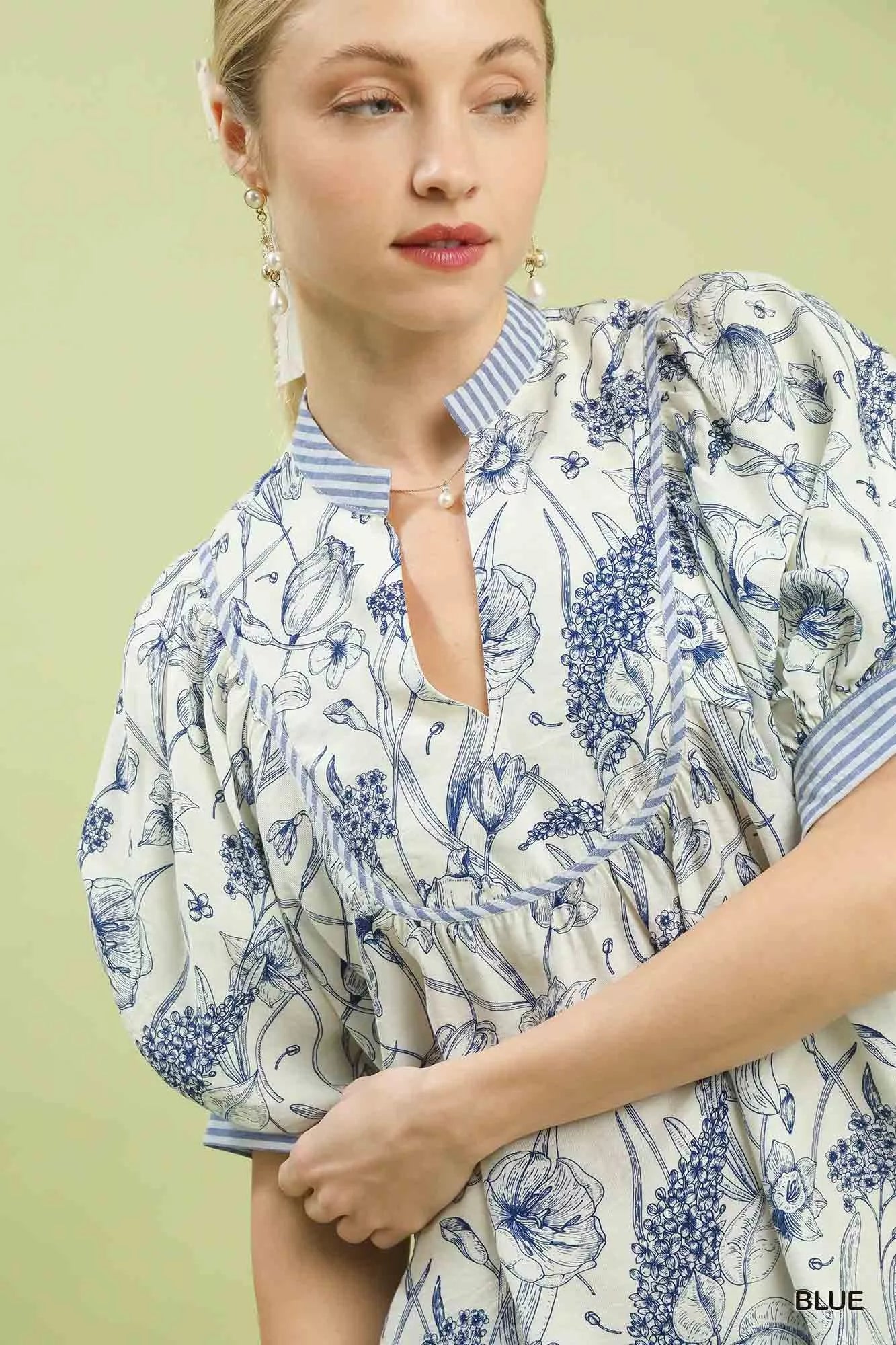 Umgee Blouse Blue Mixed Print Puff Short Sleeve Split Neck Top 783b2f70-5a60-4a04-a36b-ed8b9aa377eb-Max-Origin Trendsi