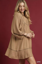 Umgee Mini Dress Latte Brown Boho Peasant Ruffled Long Sleeve with Trim Detail 783d6718-b073-4cdf-be2d-5c32b7237c84-Max-Origin Trendsi