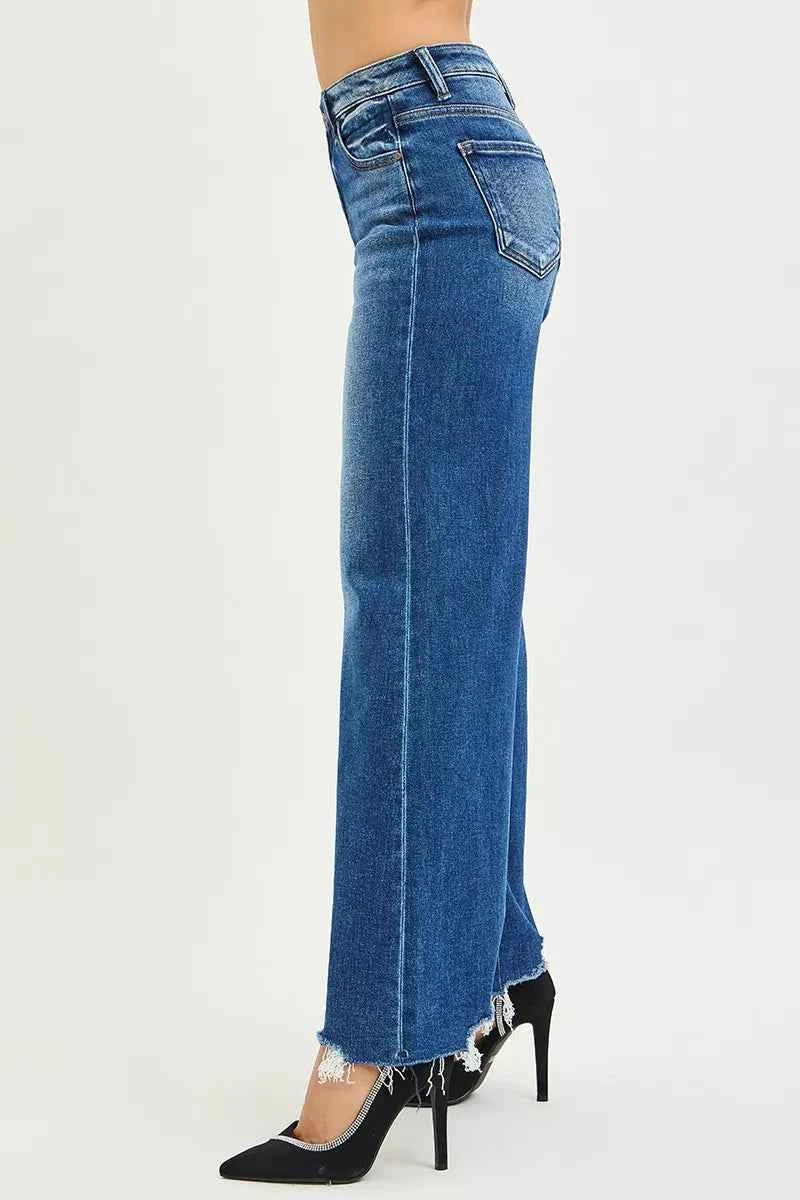 RISEN High Rise Wide Leg Jeans with Distressed Hem 784fd55959d5494db621a360135c866e-Max-Origin Trendsi