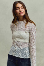 SO ME Womens Blouse Lace Off White Long Sleeve 3d Effect Floral Layering Top 7851047989da40c5a4aa853030b706dd-Max-Origin Trendsi