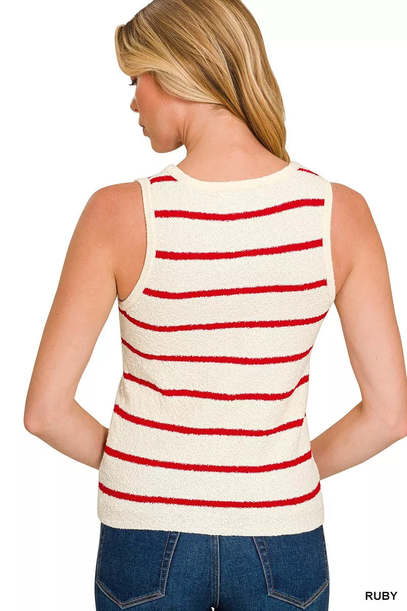 Zenana Knit Tank Top Ruby Red Stripe Round Neck Sleeveless 7855e4914f224c78b77fb650685f8de7-Max-Origin Trendsi