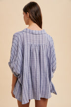 Women's Button-Up Shirt Striped Dusty Blue Cotton Annie Wear Half Sleeve Top 785afe58-1519-4d8d-98a3-4ae9805f0d45-Max Trendsi