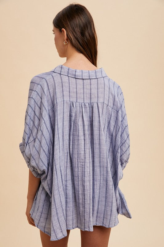 Women's Button-Up Shirt Striped Dusty Blue Cotton Annie Wear Half Sleeve Top