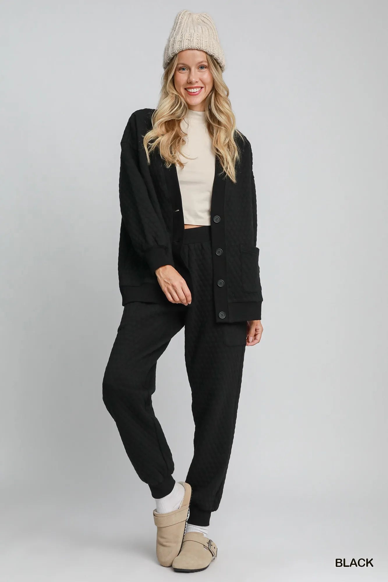 Umgee Jacquard Cardigan Black Women's Button-Up with Pockets 7863ca44-a0d1-4ce0-ba62-0aac3942a417-Max-Origin Trendsi