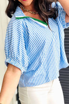 Women's Blouse Striped Print Contrast Split Neck Dolman Short Sleeve 7869b714-72e6-4079-9a4e-5f126c20777a-Max-Origin Trendsi