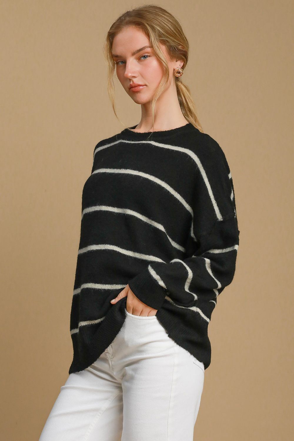Umgee USA Wool Blend Sweater Striped Women Round Neck Long Sleeve 786a112c-56c5-4cb3-bc00-66cec2c2fb16-Max Trendsi