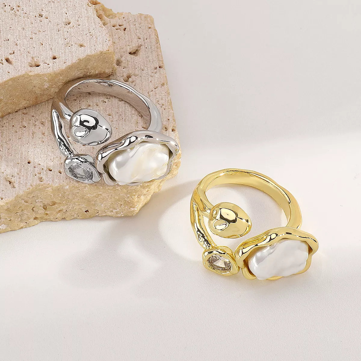 Womens Open Ring Irregular Pearl Zircon Silver-plated 787c2972-90aa-4b69-ae41-f4ef2611c9a9-Max-Origin Trendsi